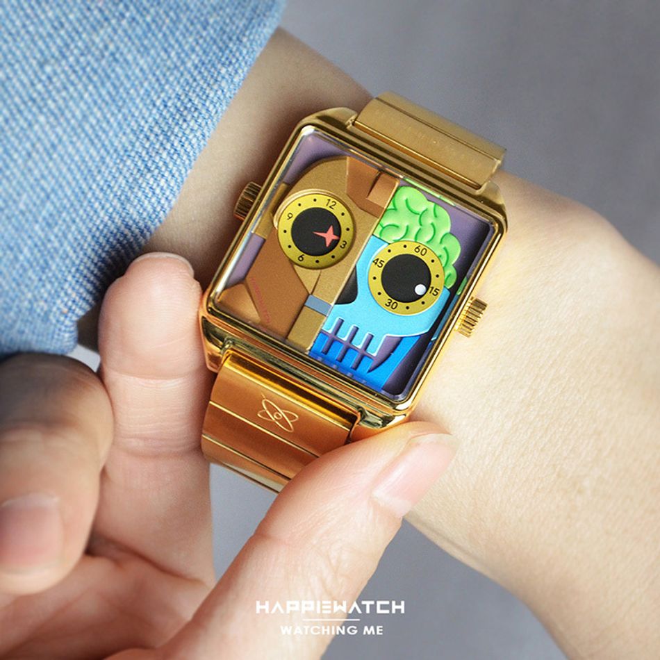 Copy - HappieWatch ｜設計師品牌 小怪獸腕錶 HN104F2JXM02ZH｜立體機械體 方形金框 鋼帶/矽膠手錶套組 36mm實帶細節