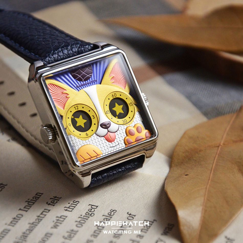 HappieWatch｜設計師品牌 小怪獸腕錶 H104F2KJV06ZH｜立體柯基犬 方形銀框 皮帶/矽膠手錶套組 36mm左側細節