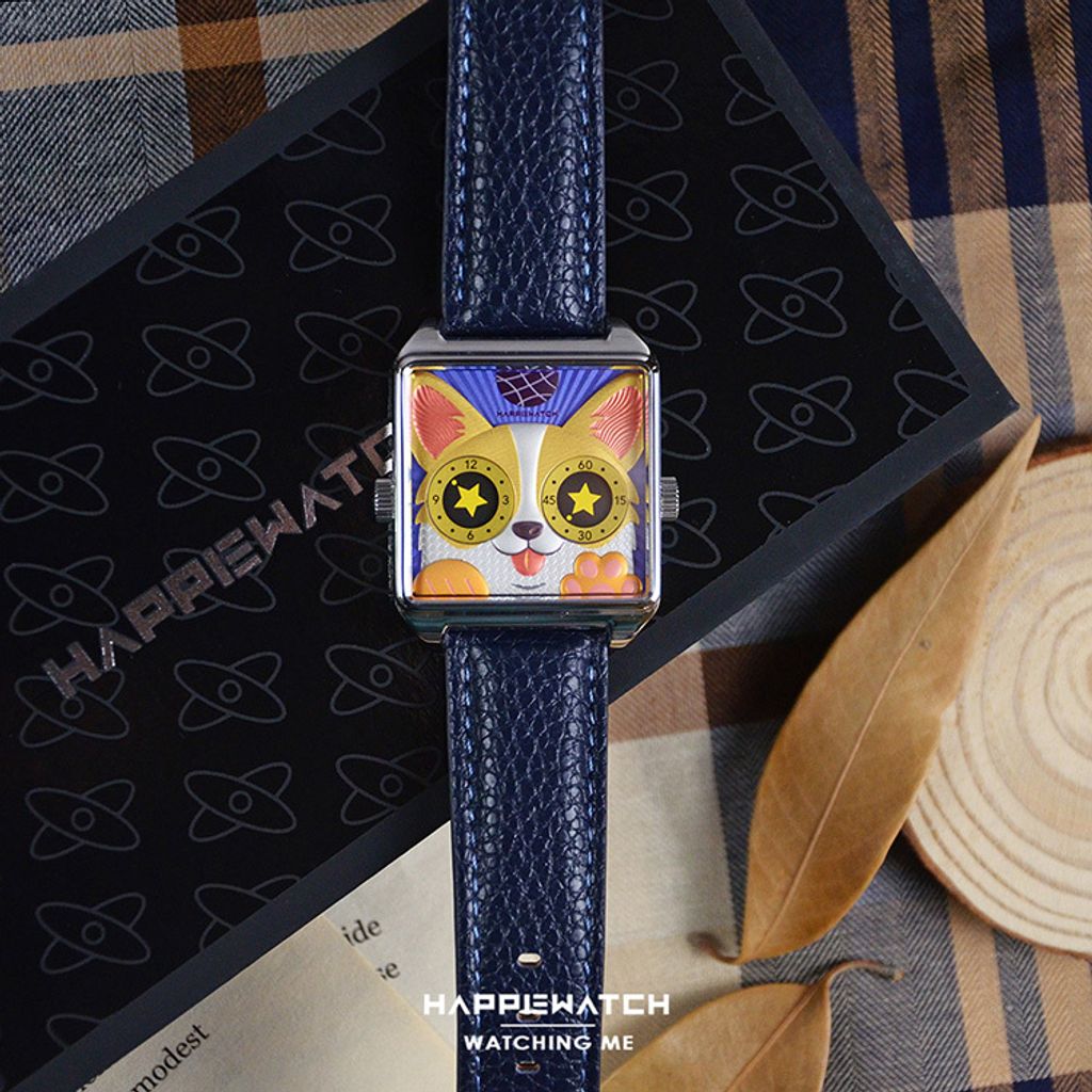 HappieWatch｜設計師品牌 小怪獸腕錶 H104F2KJV06ZH｜立體柯基犬 方形銀框 皮帶/矽膠手錶套組 36mm平攤展示
