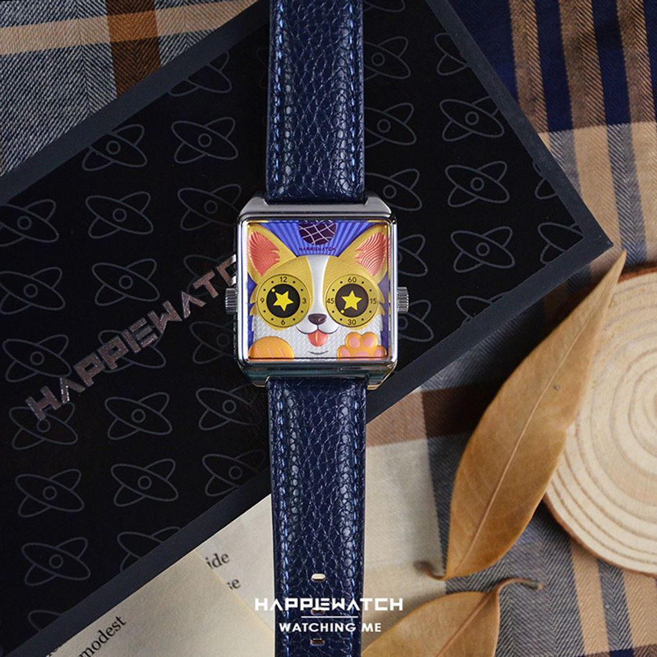 HappieWatch｜設計師品牌 小怪獸腕錶 H104F2KJV06ZH｜立體柯基犬 方形銀框 皮帶/矽膠手錶套組 36mm平攤展示