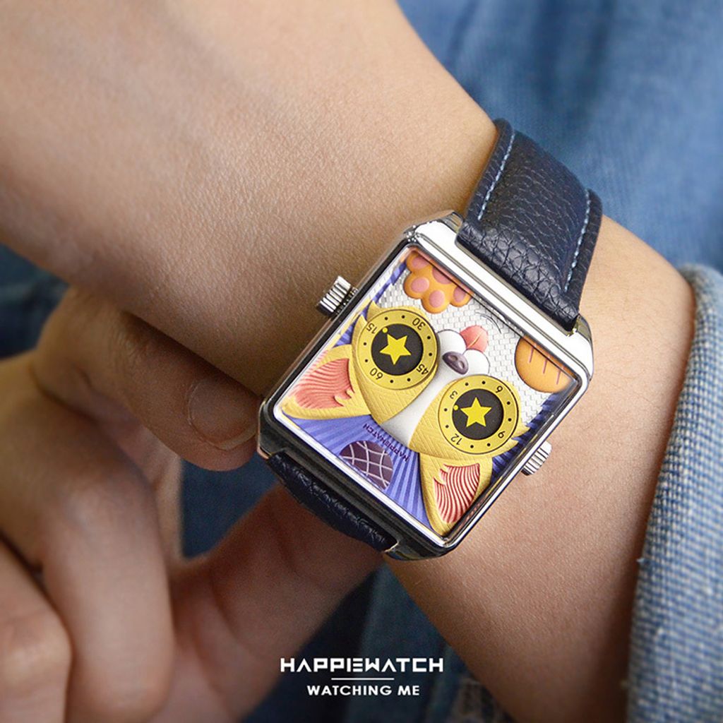 HappieWatch｜設計師品牌 小怪獸腕錶 H104F2KJV06ZH｜立體柯基犬 方形銀框 皮帶/矽膠手錶套組 36mm實帶細節