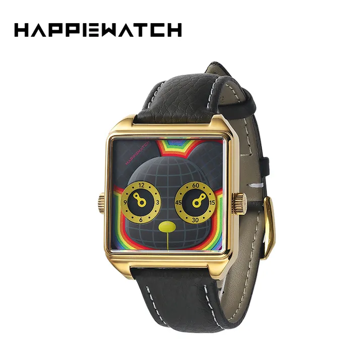 HappieWatch｜設計師品牌 小怪獸腕錶 H104LMSKV03ZH｜立體Qee聯名熊 方形金框 皮帶/矽膠手錶套組 36mm正面