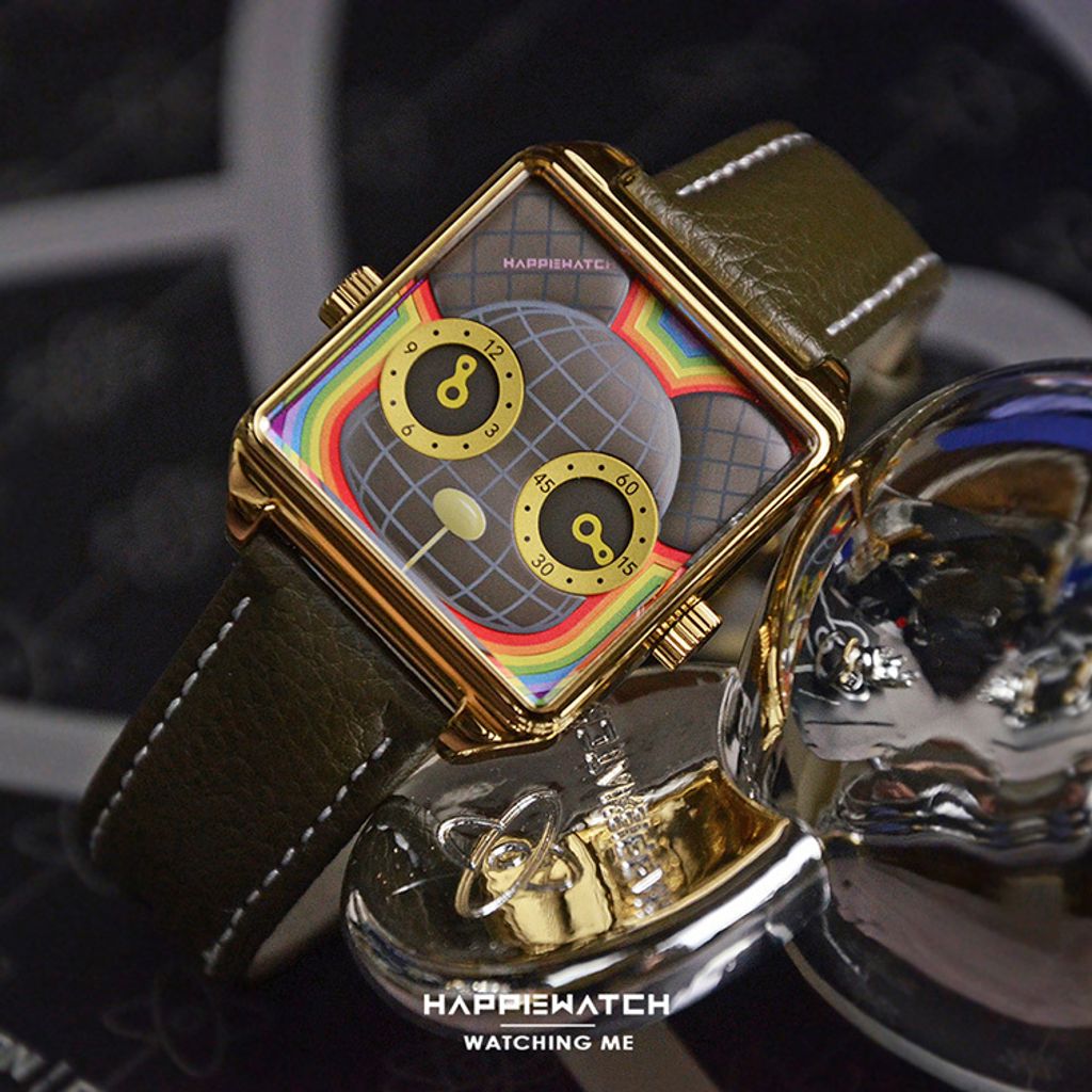 HappieWatch｜設計師品牌 小怪獸腕錶 H104LMSKV03ZH｜立體Qee聯名熊 方形金框 皮帶/矽膠手錶套組 36mm右側錶面細節