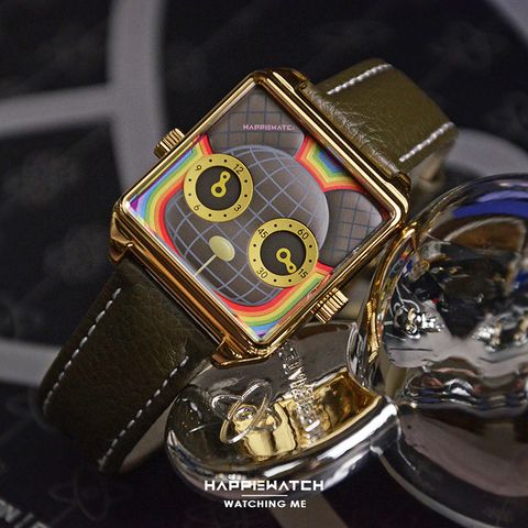 HappieWatch｜設計師品牌 小怪獸腕錶 H104LMSKV03ZH｜立體Qee聯名熊 方形金框 皮帶/矽膠手錶套組 36mm右側錶面細節