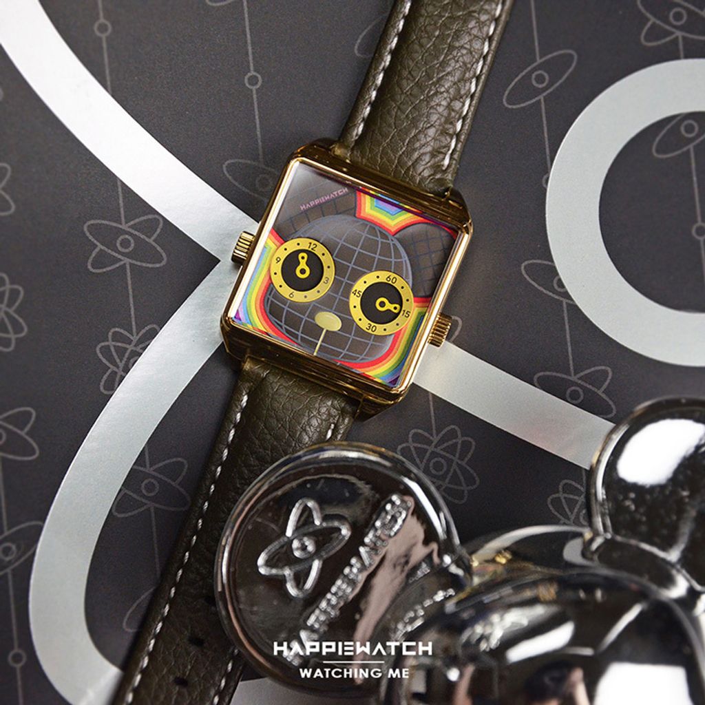 HappieWatch｜設計師品牌 小怪獸腕錶 H104LMSKV03ZH｜立體Qee聯名熊 方形金框 皮帶/矽膠手錶套組 36mm平攤細節