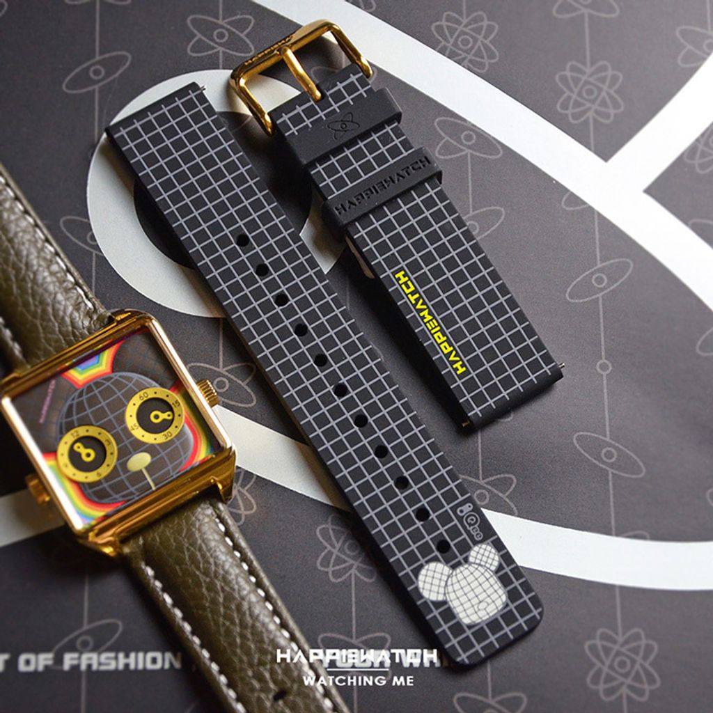 HappieWatch｜設計師品牌 小怪獸腕錶 H104LMSKV03ZH｜立體Qee聯名熊 方形金框 皮帶/矽膠手錶套組 36mm錶帶細節