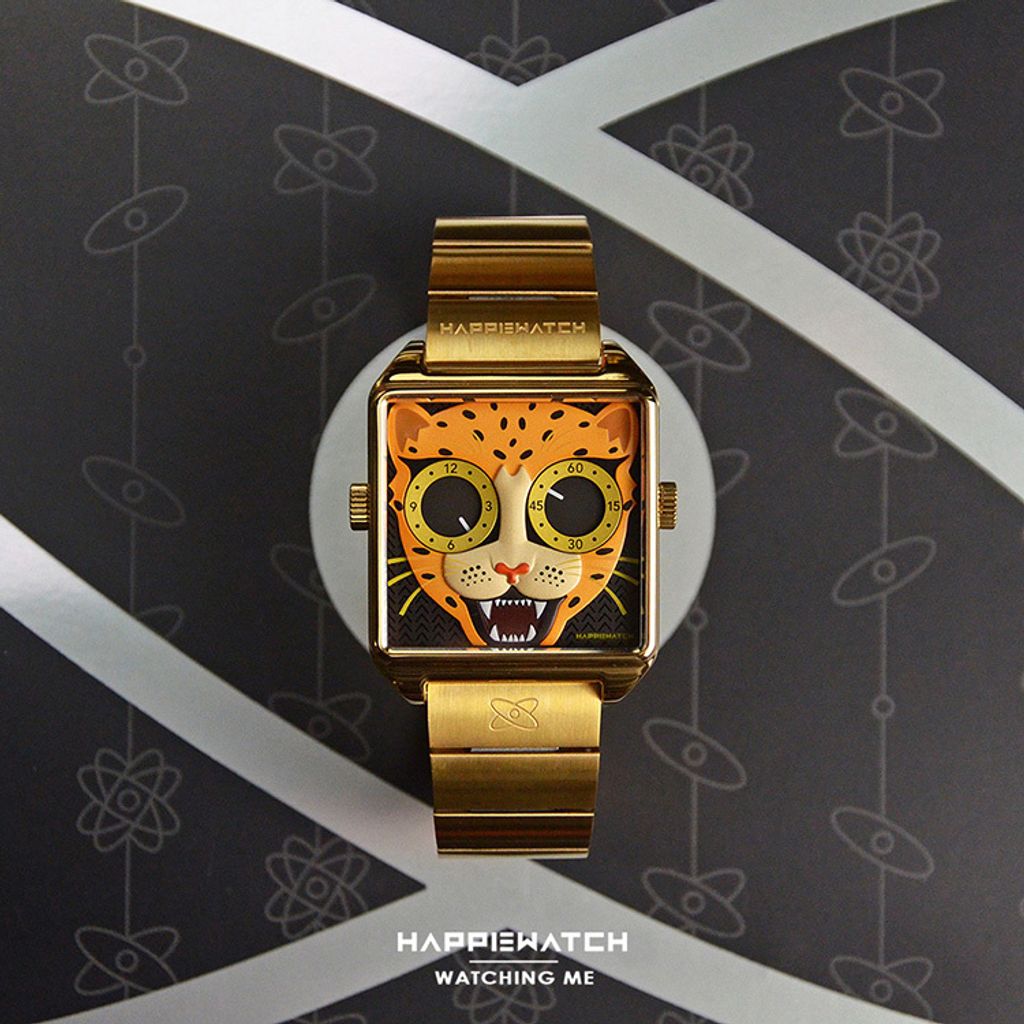 HappieWatch ｜設計師品牌 小怪獸腕錶 CEH36MJQB｜立體金錢豹 方形金框 鋼帶/矽膠手錶套組 36mm正面展示