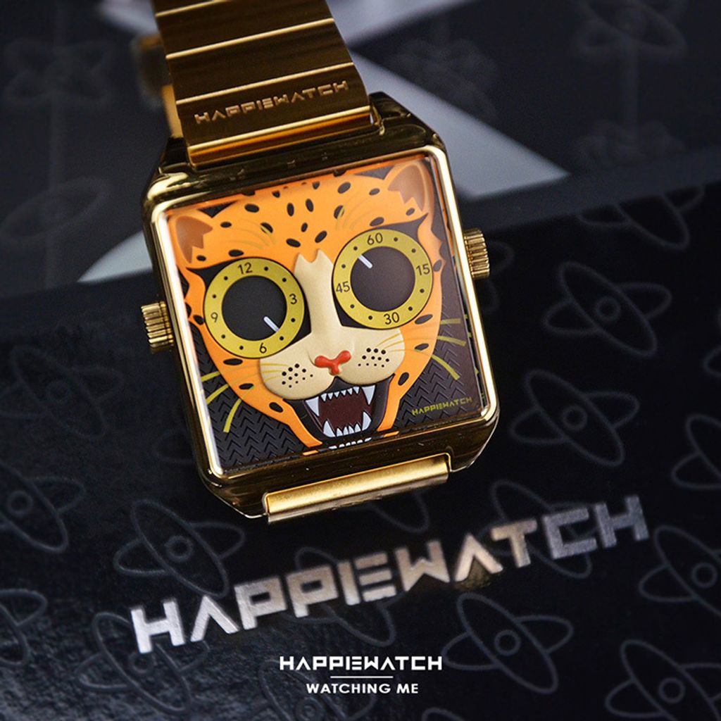 HappieWatch ｜設計師品牌 小怪獸腕錶 CEH36MJQB｜立體金錢豹 方形金框 鋼帶/矽膠手錶套組 36mm錶面細節