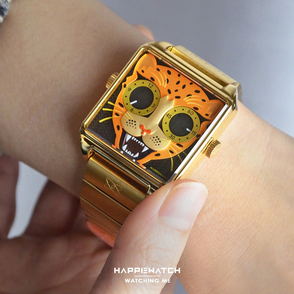 HappieWatch ｜設計師品牌 小怪獸腕錶 CEH36MJQB｜立體金錢豹 方形金框 鋼帶/矽膠手錶套組 36mm實帶細節