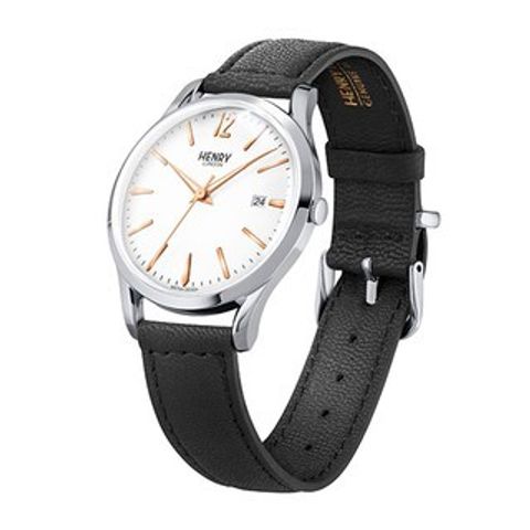 HENRY LONDON | HL39-S-0005 | 經典文青風 白面白鋼殼黑色真皮腕錶側面