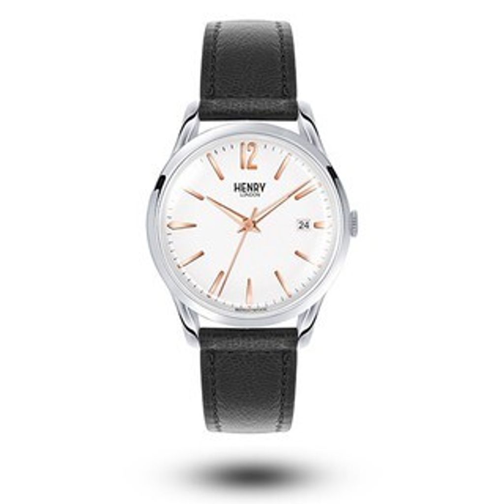 HENRY LONDON | HL39-S-0005 | 經典文青風 白面白鋼殼黑色真皮腕錶正面
