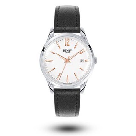 HENRY LONDON | HL39-S-0005 | 經典文青風 白面白鋼殼黑色真皮腕錶正面