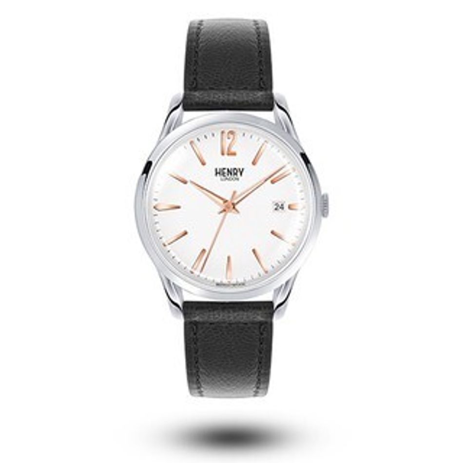 HENRY LONDON | HL39-S-0005 | 經典文青風 白面白鋼殼黑色真皮腕錶正面