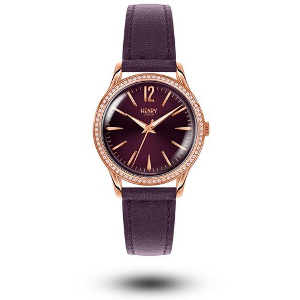 HENRY LONDON | HL34-SS-0198 | 奢華水鑽莓 紫色面真皮革錶正面