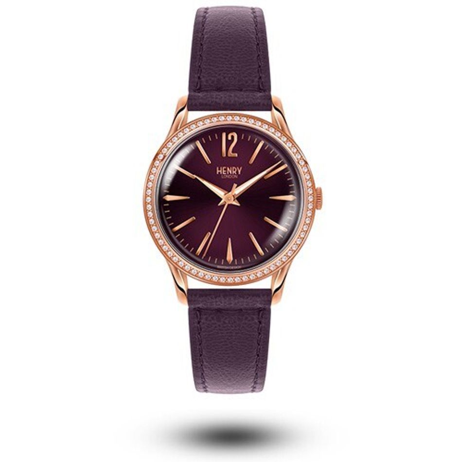 HENRY LONDON | HL34-SS-0198 | 奢華水鑽莓 紫色面真皮革錶正面