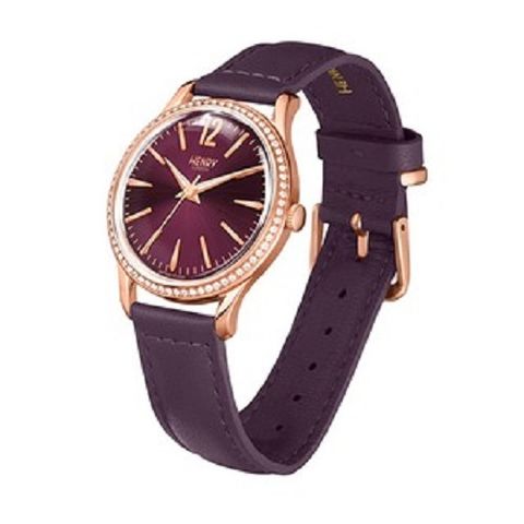HENRY LONDON | HL34-SS-0198 | 奢華水鑽莓 紫色面真皮革錶側面