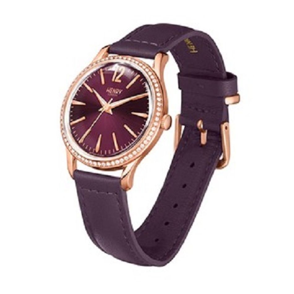 HENRY LONDON | HL34-SS-0198 | 奢華水鑽莓 紫色面真皮革錶側面