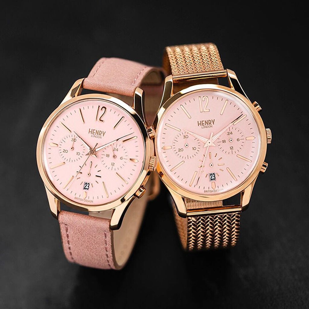 HENRY LONDON | HL39-CS-0158 | 櫻花粉面玫瑰金框櫻花粉真皮計時碼錶系列圖