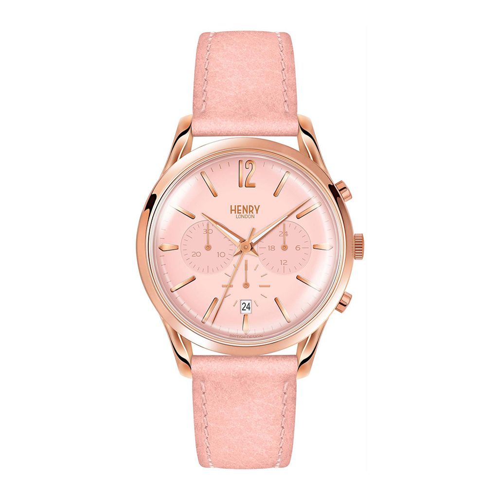 HENRY LONDON | HL39-CS-0158 | 櫻花粉面玫瑰金框櫻花粉真皮計時碼錶正面