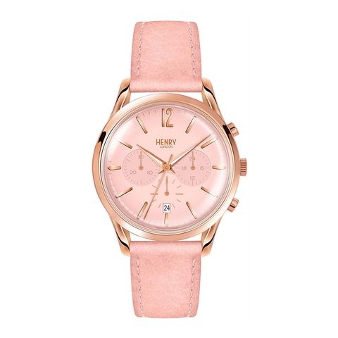 HENRY LONDON | HL39-CS-0158 | 櫻花粉面玫瑰金框櫻花粉真皮計時碼錶正面
