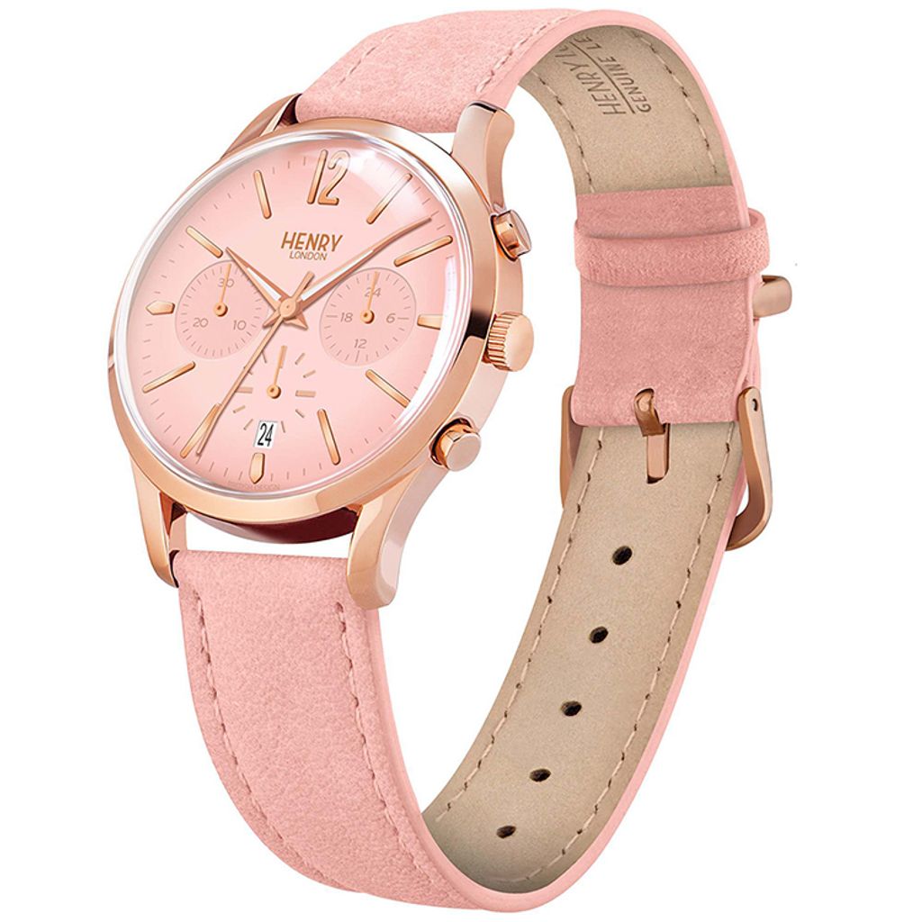 HENRY LONDON | HL39-CS-0158 | 櫻花粉面玫瑰金框櫻花粉真皮計時碼錶側面