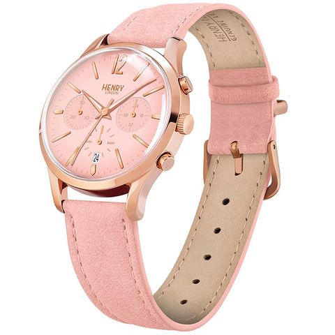 HENRY LONDON | HL39-CS-0158 | 櫻花粉面玫瑰金框櫻花粉真皮計時碼錶側面