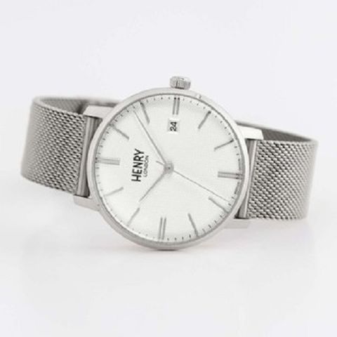 HENRY LONDON | HL40-M-0373 | 米白紋路面銀框銀色米蘭帶腕錶橫躺