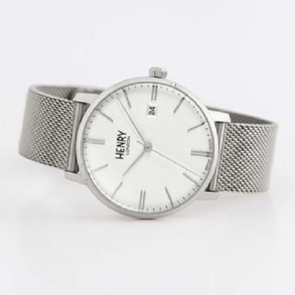 HENRY LONDON | HL40-M-0373 | 米白紋路面銀框銀色米蘭帶腕錶橫躺