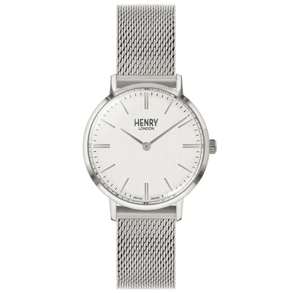 HENRY LONDON | HL34-M-0375 | 米白紋路面銀框銀色米蘭帶腕錶 正面