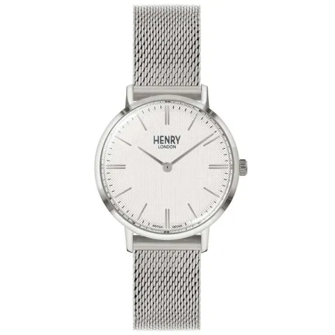 HENRY LONDON | HL34-M-0375 | 米白紋路面銀框銀色米蘭帶腕錶 正面