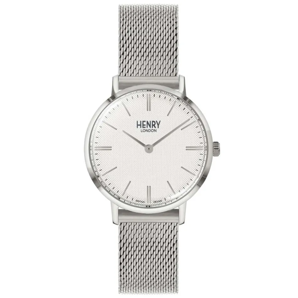 HENRY LONDON | HL34-M-0375 | 米白紋路面銀框銀色米蘭帶腕錶 正面