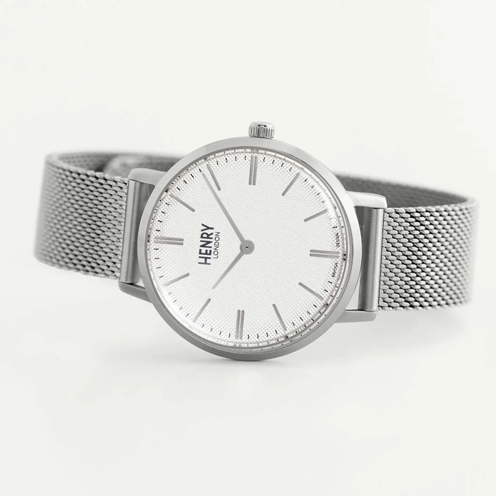 HENRY LONDON | HL34-M-0375 | 米白紋路面銀框銀色米蘭帶腕錶 橫躺