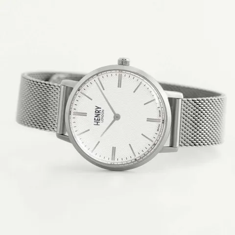 HENRY LONDON | HL34-M-0375 | 米白紋路面銀框銀色米蘭帶腕錶 橫躺