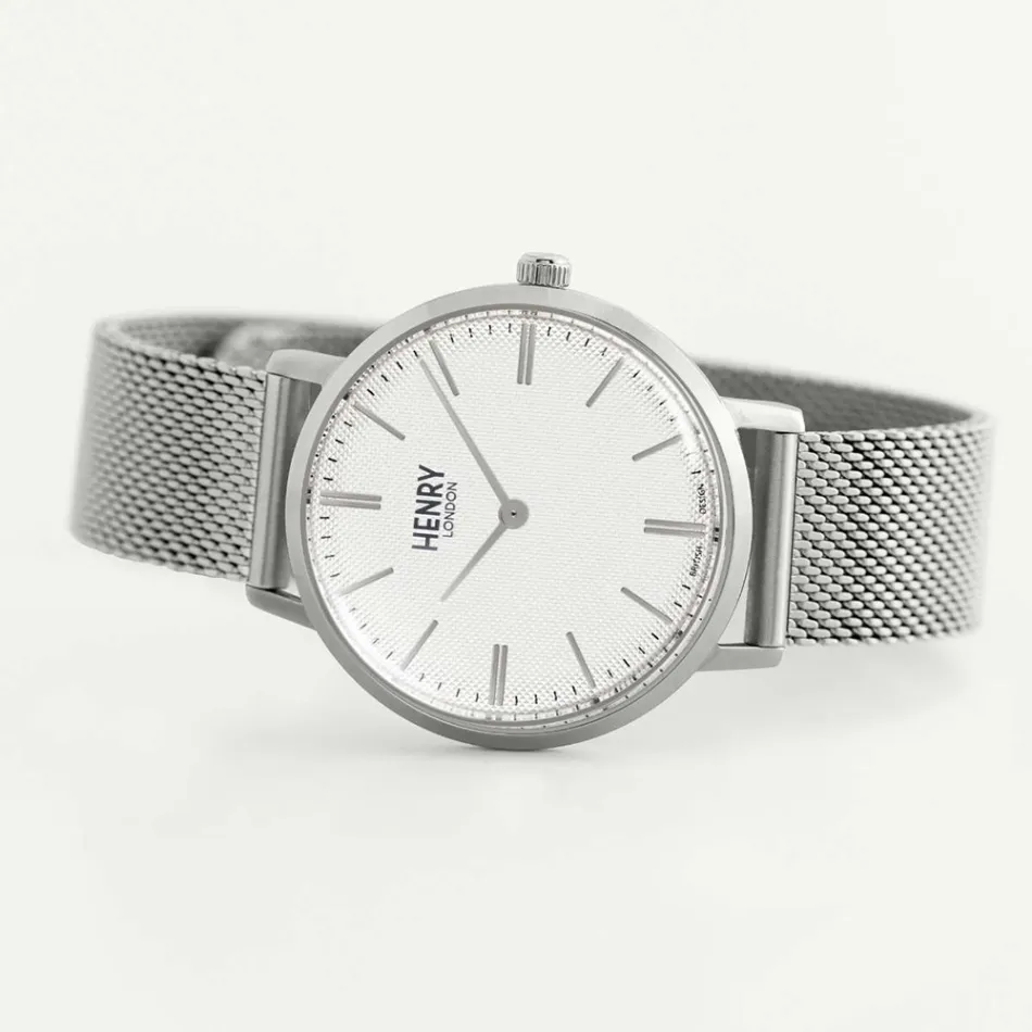 HENRY LONDON | HL34-M-0375 | 米白紋路面銀框銀色米蘭帶腕錶 橫躺