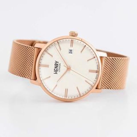 HENRY LONDON | HL40-M-0374 | 米白紋路面玫瑰金框玫瑰金米蘭帶腕錶橫躺