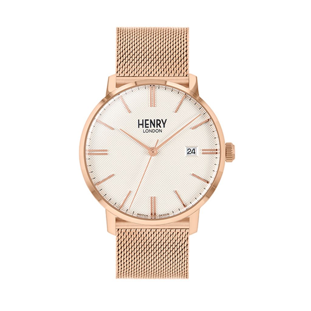 HENRY LONDON | HL40-M-0374 | 米白紋路面玫瑰金框玫瑰金米蘭帶腕錶正面