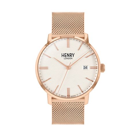 HENRY LONDON | HL40-M-0374 | 米白紋路面玫瑰金框玫瑰金米蘭帶腕錶正面