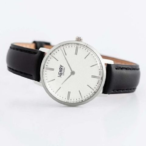 HENRY LONDON | HL34-S-0341 | 米白紋路面 銀框 皮革錶帶 腕錶橫躺