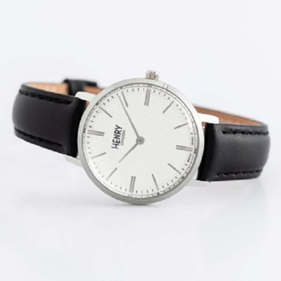 HENRY LONDON | HL34-S-0341 | 米白紋路面 銀框 皮革錶帶 腕錶橫躺