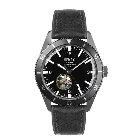 HENRY LONDON | HL42-AS-0332 | 灰鋼黑面機械黑膠帶腕錶正面