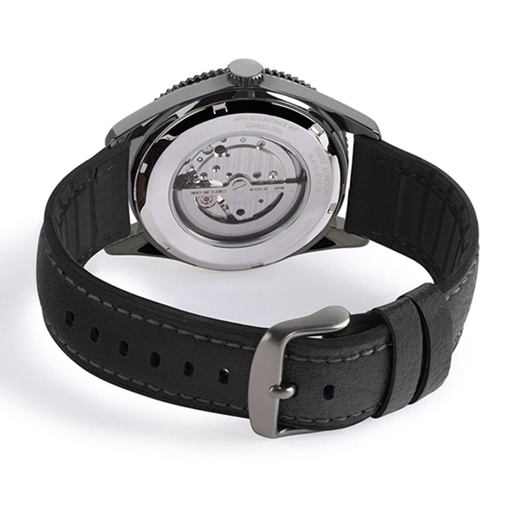 HENRY LONDON | HL42-AS-0332 | 灰鋼黑面機械黑膠帶腕錶背面