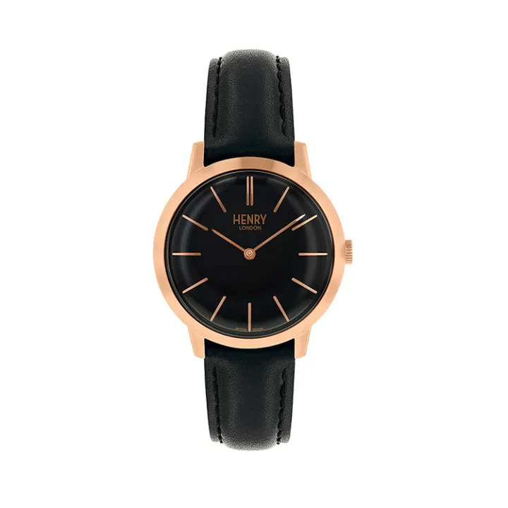 HENRY LONDON | HL34-S-0218 | 黑面 玫瑰金色刻度 皮革腕錶正面