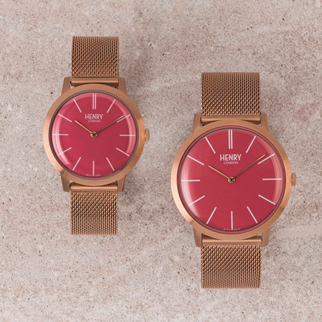 HENRY LONDON | HL34-M-0272 | 玫瑰金桃面米蘭帶腕錶正面展示