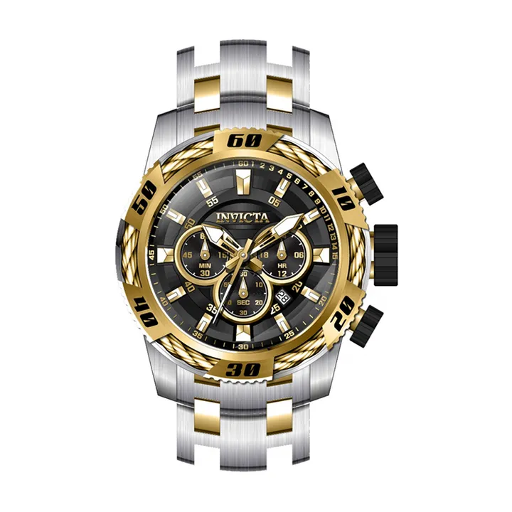 INVICTA ｜Speedway 47116｜三眼計時 黑面金框 銀+金色不鏽鋼錶帶 鋼索造型 50mm大錶徑 石英錶正面