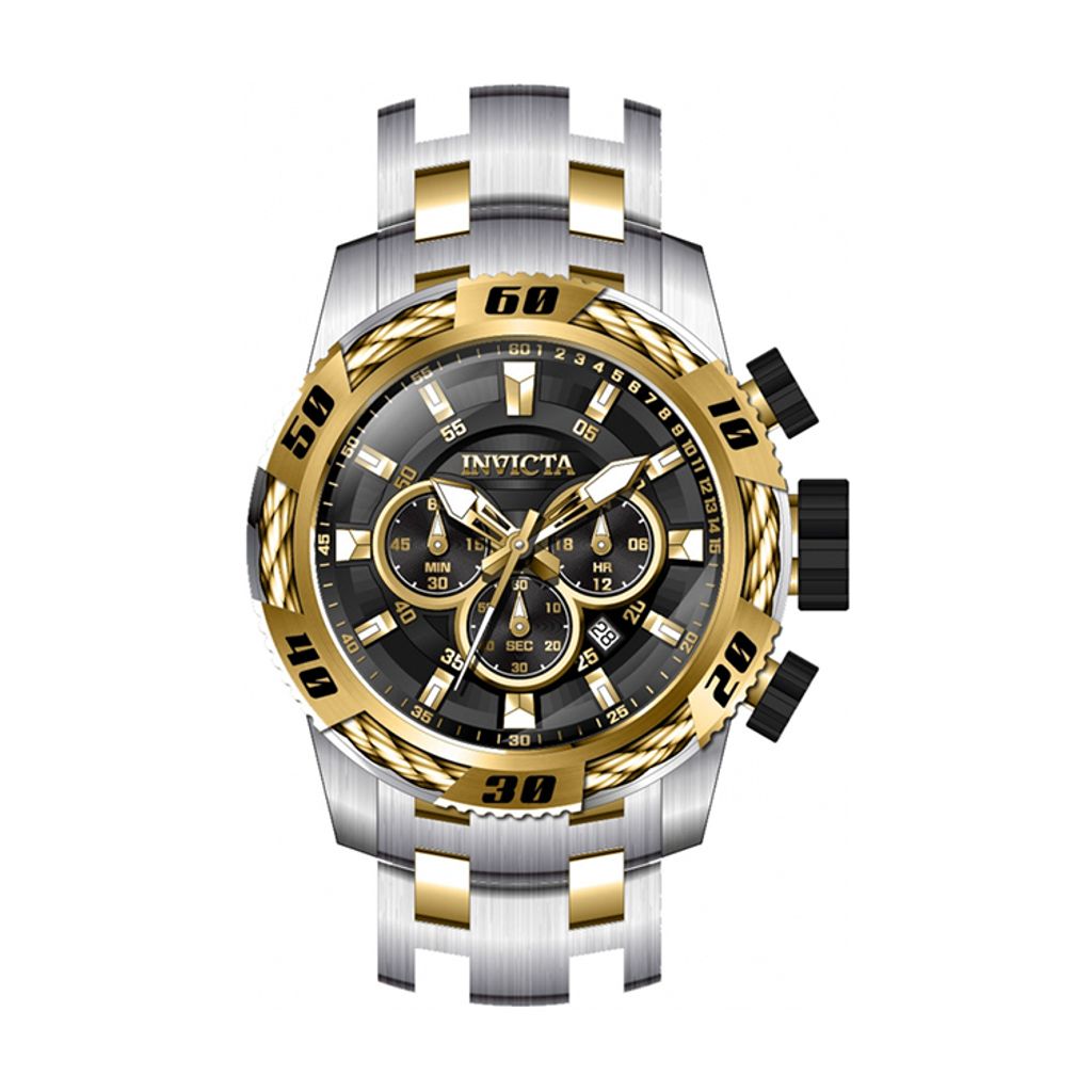 INVICTA ｜Speedway 47116｜三眼計時 黑面金框 銀+金色不鏽鋼錶帶 鋼索造型 50mm大錶徑 石英錶正面
