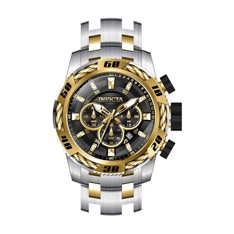 INVICTA ｜Speedway 47116｜三眼計時 黑面金框 銀+金色不鏽鋼錶帶 鋼索造型 50mm大錶徑 石英錶正面