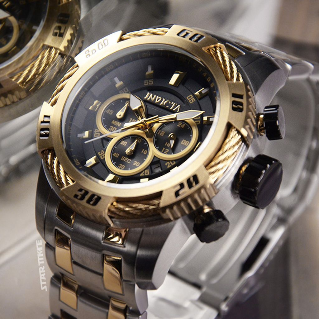 INVICTA ｜Speedway 47116｜三眼計時 黑面金框 銀+金色不鏽鋼錶帶 鋼索造型 50mm大錶徑 石英錶右側細節