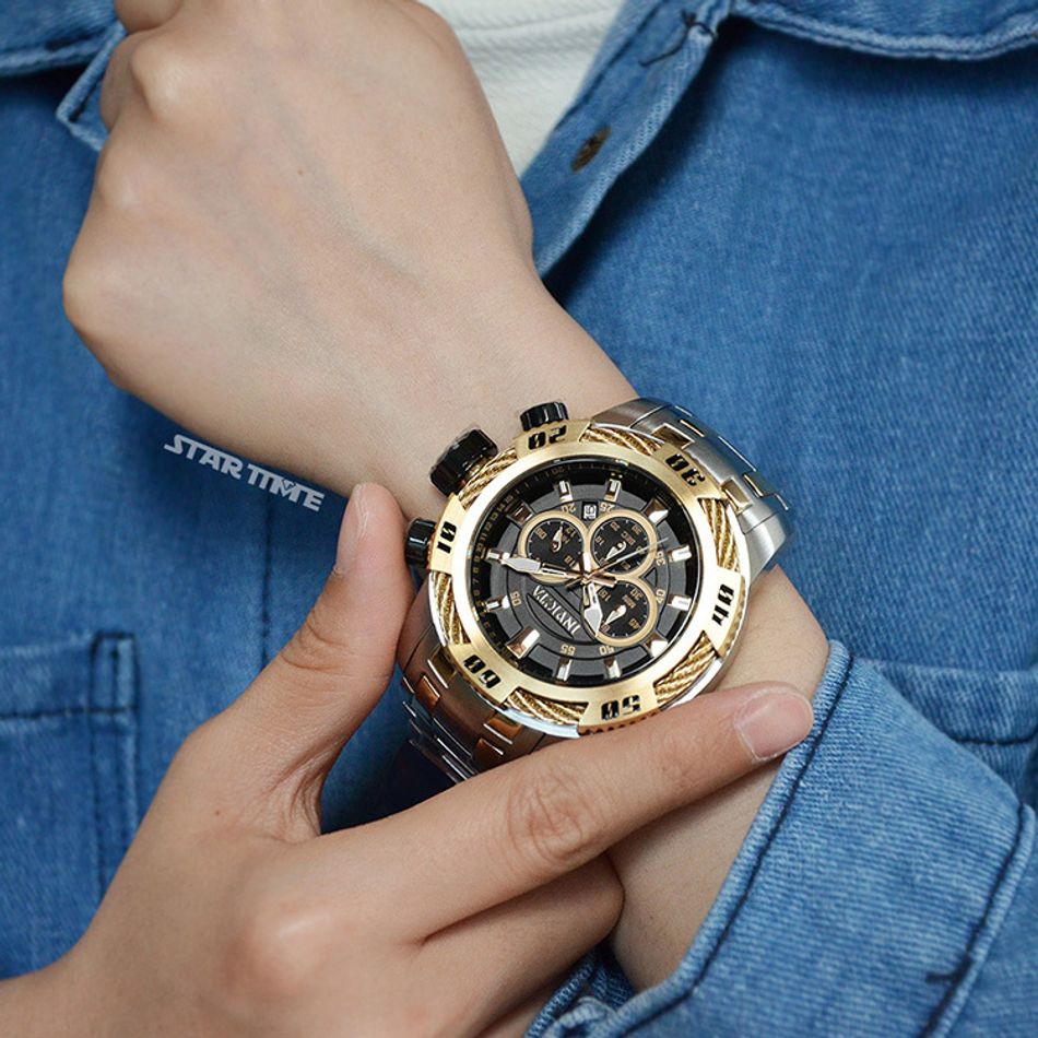 INVICTA ｜Speedway 47116｜三眼計時 黑面金框 銀+金色不鏽鋼錶帶 鋼索造型 50mm大錶徑 石英錶實戴搭配