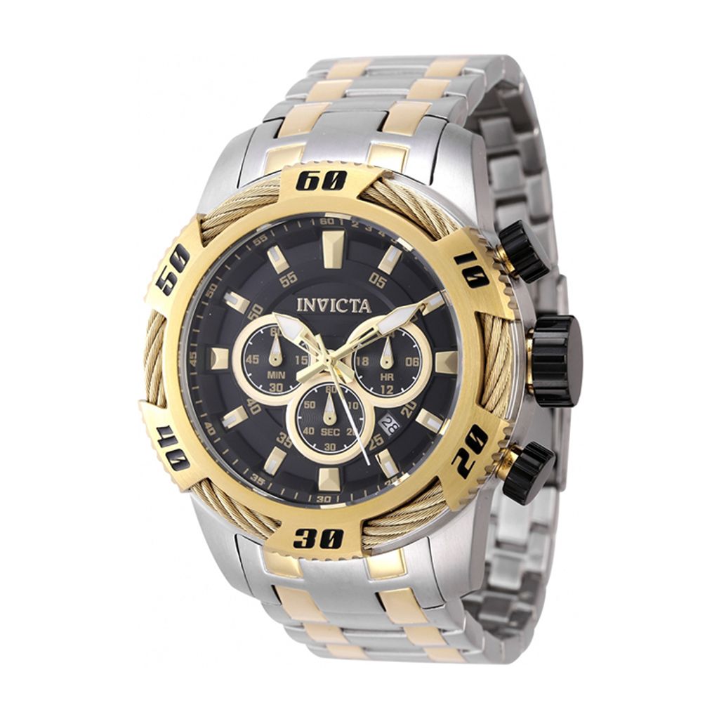 INVICTA ｜Speedway 47116｜三眼計時 黑面金框 銀+金色不鏽鋼錶帶 鋼索造型 50mm大錶徑 石英錶側面