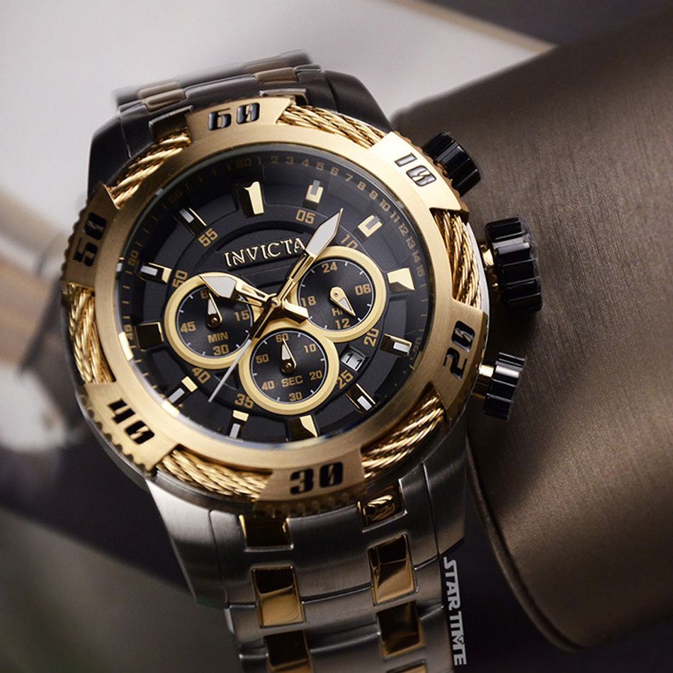 INVICTA ｜Speedway 47116｜三眼計時 黑面金框 銀+金色不鏽鋼錶帶 鋼索造型 50mm大錶徑 石英錶錶面細節